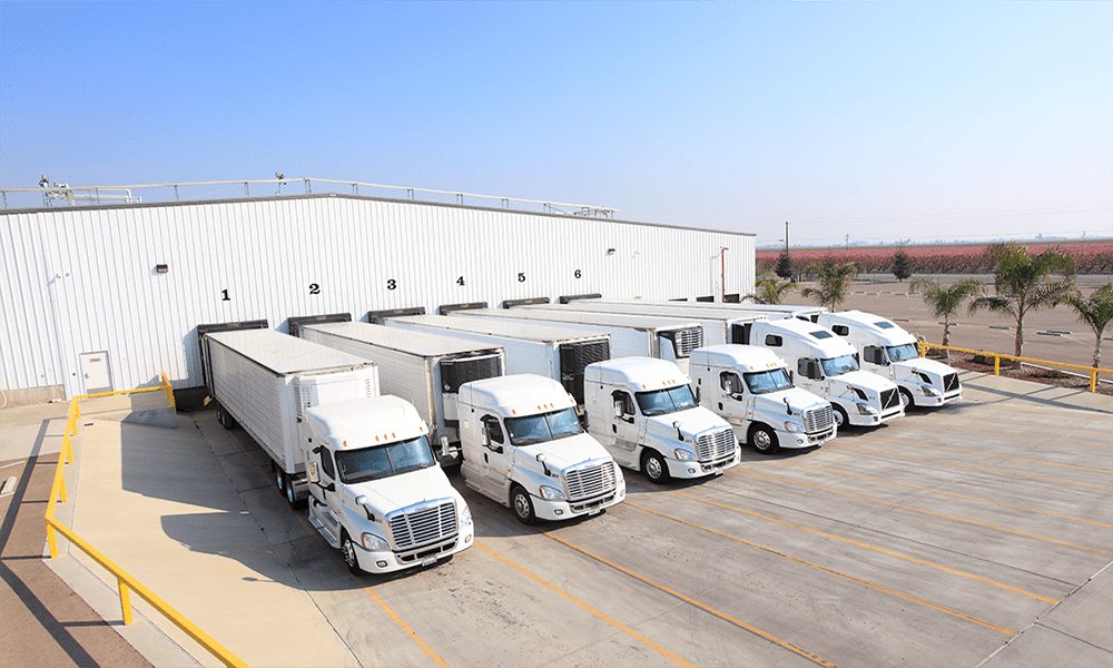 Aerial view of J.B. Critchley trucks backed into a cold storage loading dock